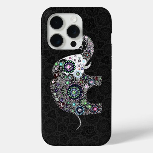 Retro Flowers  Colorful Diamonds Elephant iPhone 15 Pro Case