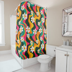Retro Flowers Colorful Trippy Pattern Shower Curtain