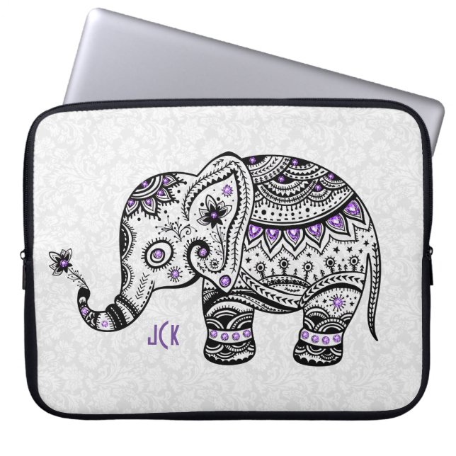 Retro Flowers & Elephant Purple Diamonds Laptop Sleeve (Front)