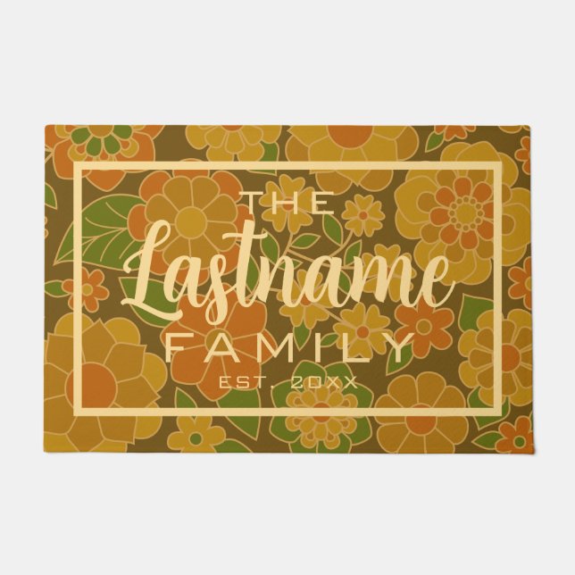 Retro Flowers - Family Script Welcome Doormat (Front)