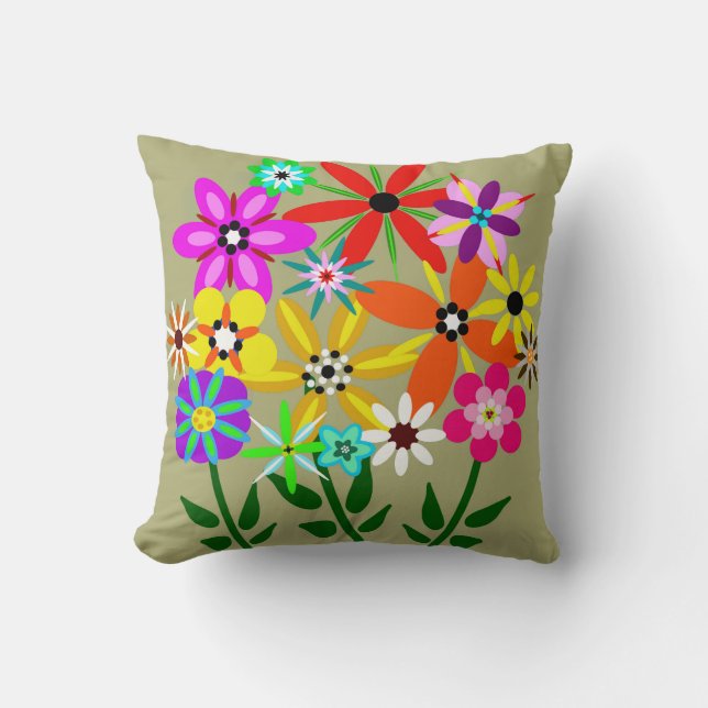 Retro Flowers Floral Throw Pillow (Front)