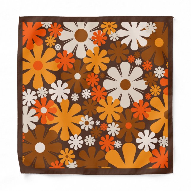  Retro Flowers Groovy 1970s Brown & Orange Floral Bandana (Front)