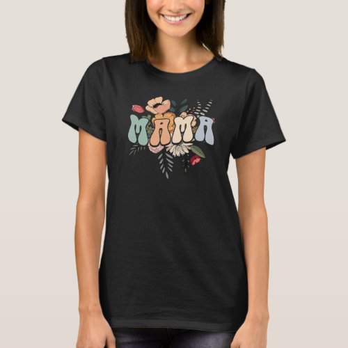 Retro flowers groovy lettering mothers day T_Shirt