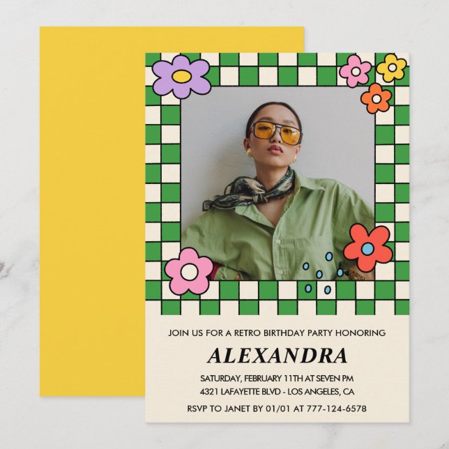 Retro Flowers Groovy Photo 36th birthday Invitation (Front/Back)