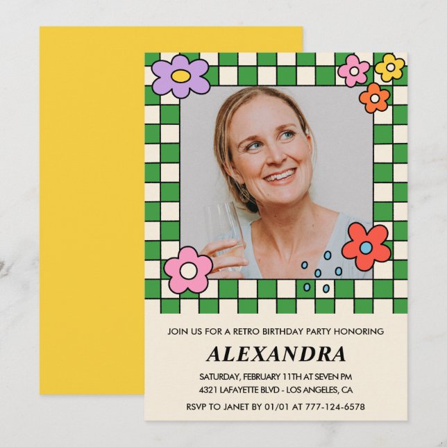 Retro Flowers Groovy Photo 44th birthday Invitation (Front/Back)