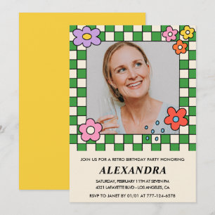 Retro Flowers Groovy Photo 66th birthday Invitation