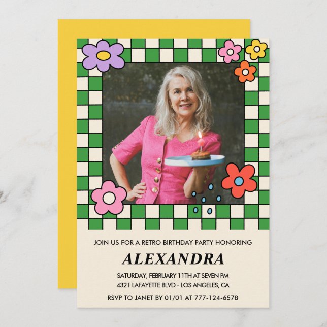 Retro Flowers Groovy Photo 74th birthday Invitation (Front/Back)