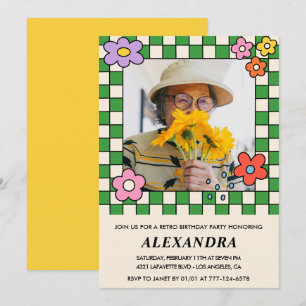 Retro Flowers Groovy Photo 94th birthday Invitation