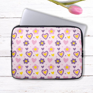 Retro Flowers Hearts Pattern Pink, Purple, Yellow Laptop Sleeve