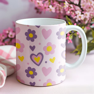 Retro Flowers Hearts Pattern Pink, Purple, Yellow Mug