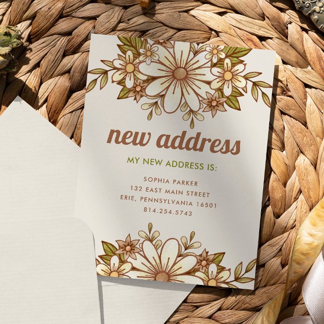 Retro Flowers | New Address Moving Announcement Postcard (A trendy change of address card with retro flowers and typography)