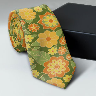 Retro Flowers - olive green orange gold Neck Tie