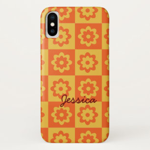 Retro Flowers on Checkerboard Yellow Orange Custom iPhone X Case