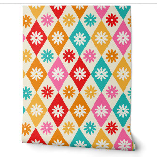 Retro Flowers on Colorful Harelquin Diamonds Wallpaper