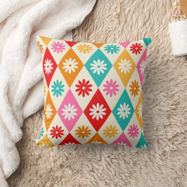 Retro Flowers on Colorful  Harlequin Diamonds  Throw Pillow (Blanket)
