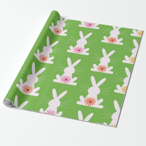 Retro Flowers on Geometric White Rabbits Wrapping Paper