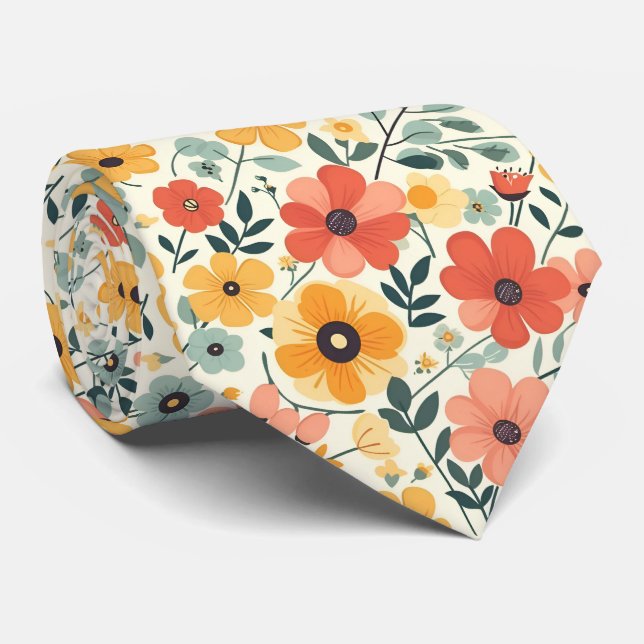 Retro Flowers On Lemon Yellow Neck Tie (Rolled)