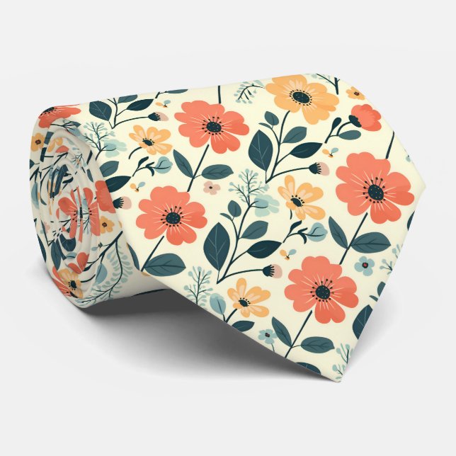 Retro Flowers On Lemon Yellow Neck Tie (Rolled)