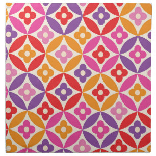 Retro  Flowers on Mid Century Circles Pattern  Cloth Napkin