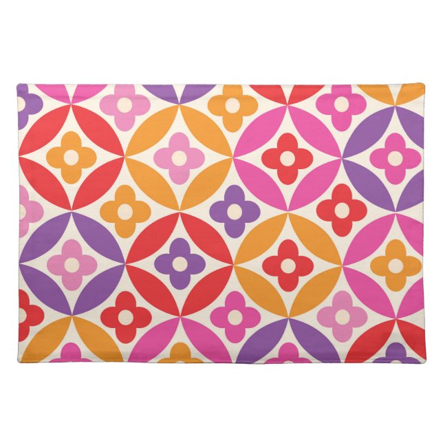 Retro  Flowers on Mid Century Circles Pattern  Cloth Placemat (Front)