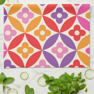 Retro Flowers on Mid Century Circles Pattern Kitchen Towel