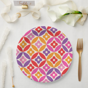 Retro  Flowers on Mid Century Circles Pattern  Paper Plates