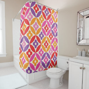 Retro Flowers on Mid Century Circles Pattern Shower Curtain