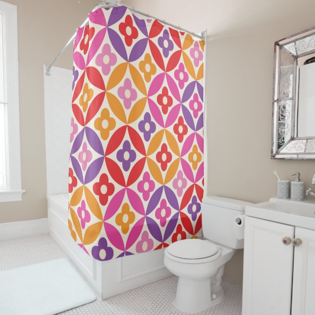 Retro  Flowers on Mid Century Circles Pattern  Shower Curtain (In Situ)