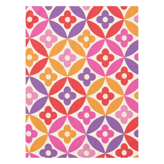 Retro  Flowers on Mid Century Circles Pattern  Tablecloth (Front)