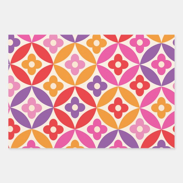 Retro  Flowers on Mid Century Circles Pattern  Wrapping Paper Sheets (Front)