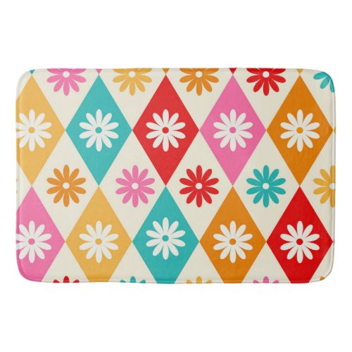 Retro Flowers on Mid Century Diamonds Pattern Bath Mat