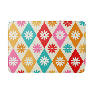 Retro Flowers on Mid Century Diamonds Pattern Bath Mat