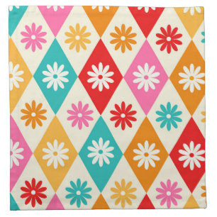 Retro Flowers on Mid Century Diamonds Pattern Cloth Napkin