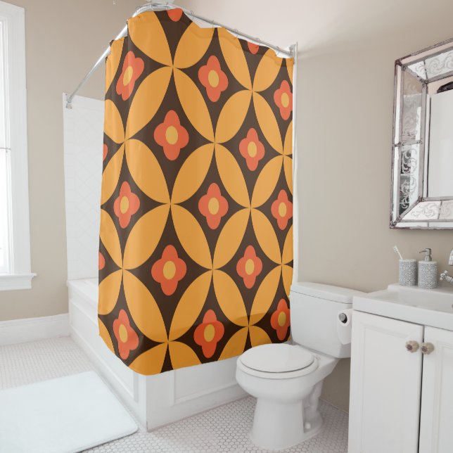 Retro flowers on mid century orange circles  shower curtain (In Situ)