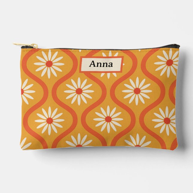Retro Flowers on Mid Century Orange Ogee Custom  Accessory Pouch (Front)