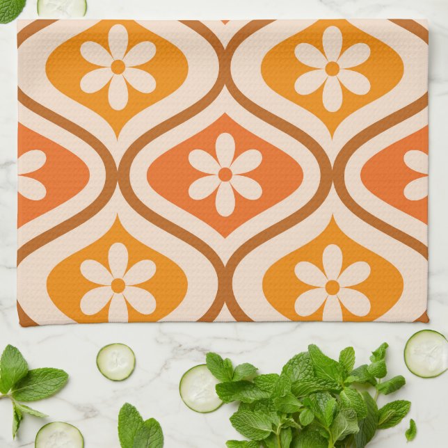 Retro flowers on orange and amber ogee pattern kitchen towel (Folded)