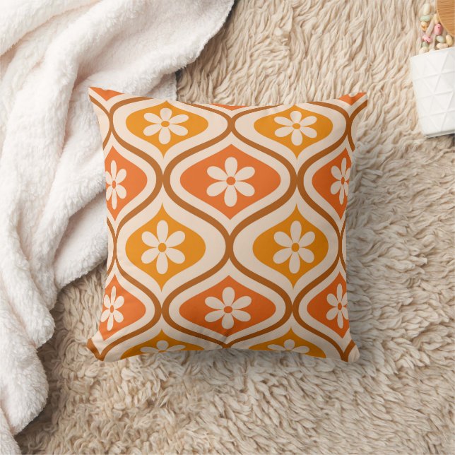 Retro flowers on orange and amber ogee pattern throw pillow (Blanket)