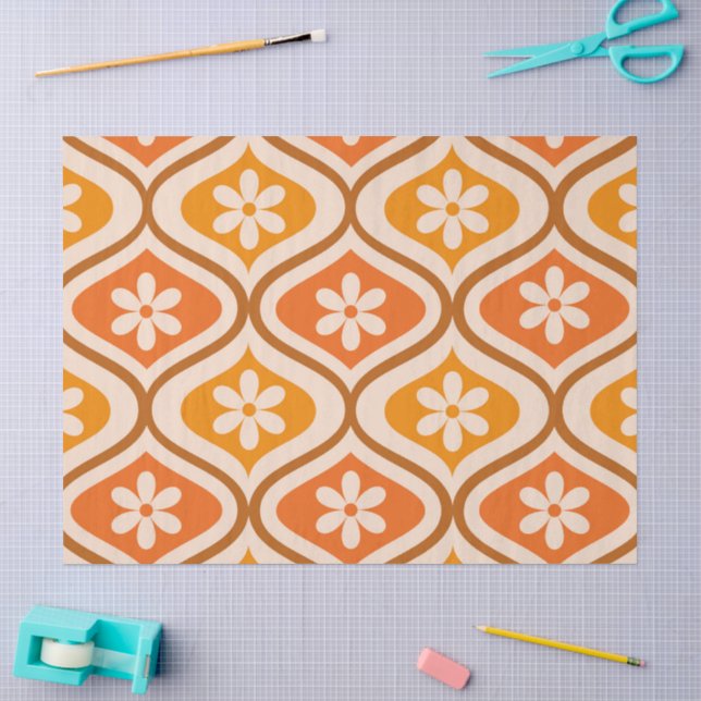 Retro flowers on orange and amber ogee pattern tissue paper (Craft)