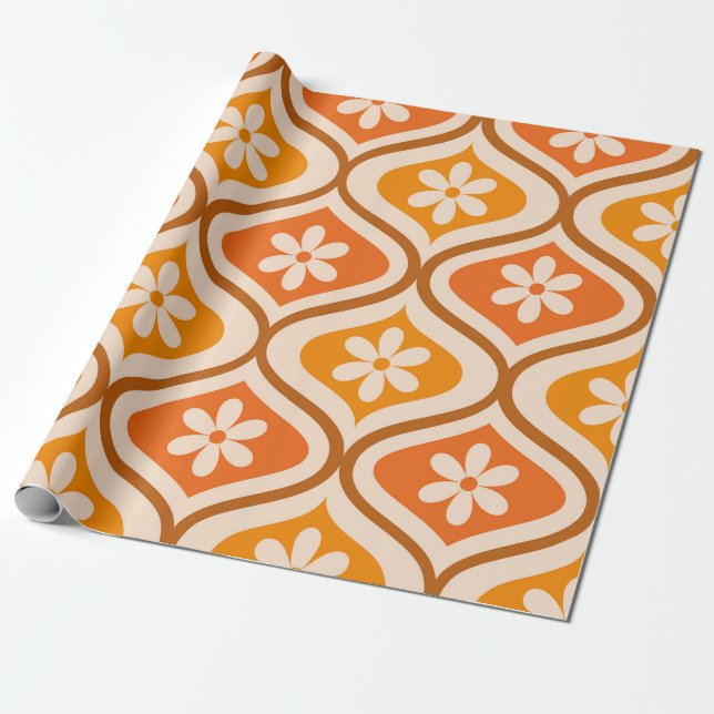 Retro flowers on orange and amber ogee pattern wrapping paper (Unrolled)