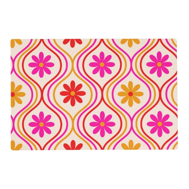 Retro Flowers on Red Orange Pink Ogee  Pattern  Placemat (Front)