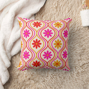 Retro Flowers on Red Orange Pink Ogee  Pattern  Throw Pillow
