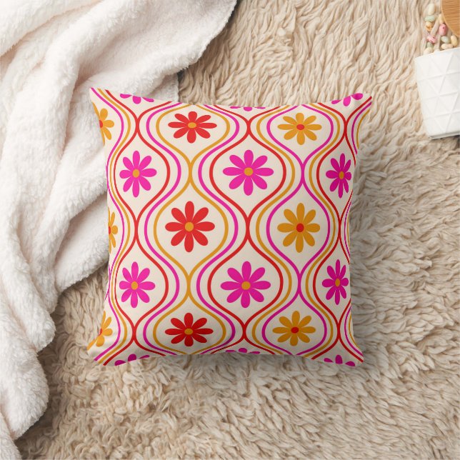 Retro Flowers on Red Orange Pink Ogee  Pattern  Throw Pillow (Blanket)