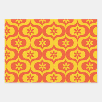 Retro Flowers on Yellow and Red Ogee Pattern  Wrapping Paper Sheets