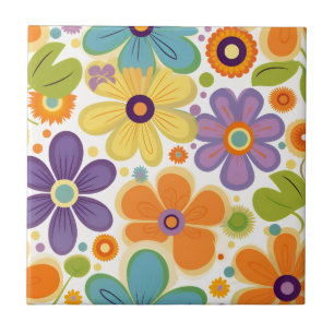 Retro Flowers Orange Lilac and Green Ceramic Tile