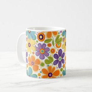Retro Flowers Orange Lilac and Green Coffee Mug