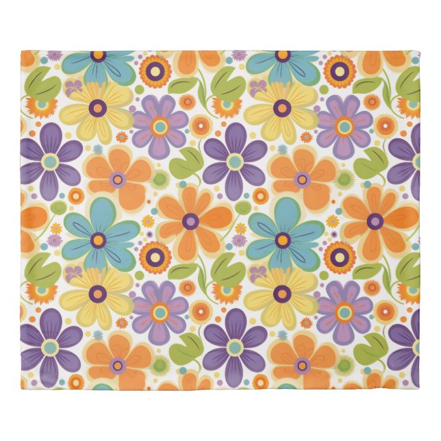 Retro Flowers Orange Lilac and Green Duvet Cover (Front)