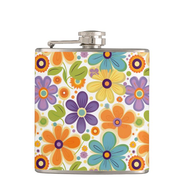 Retro Flowers Orange Lilac and Green Flask (Front)