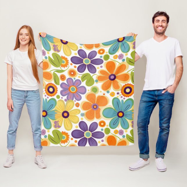 Retro Flowers Orange Lilac and Green Fleece Blanket (In Situ)