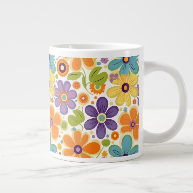 Retro Flowers Orange Lilac and Green Giant Coffee Mug (Right)