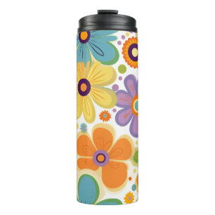 Retro Flowers Orange Lilac and Green Thermal Tumbler